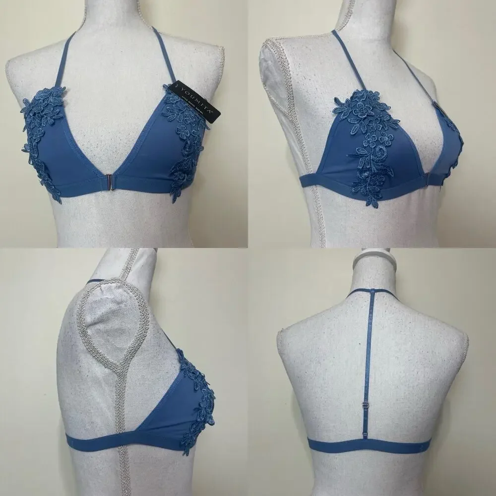 Women Lace Bralette Sexy Bra‎ Floral Lingerie Night Embroidered Flower Blue M/L